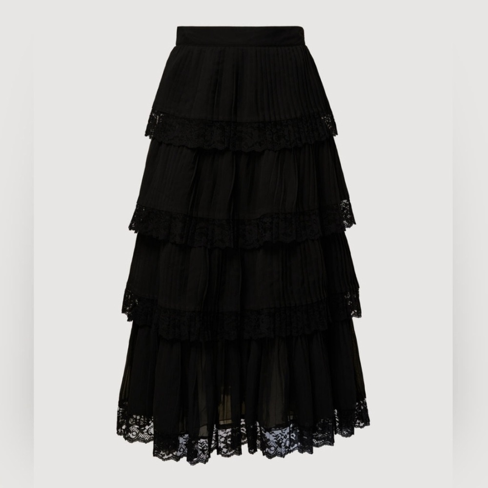 NWT Rachel Parcell Tiered Pleated Black Skirt With Lace Trim Size 6